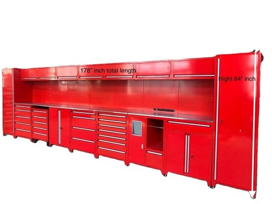 Gabinete de garaje de combinación personalizable con cajones múltiples y caja de herramientas de rodillo rojo