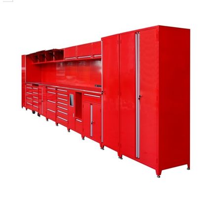 Gabinete de garaje de combinación personalizable con cajones múltiples y caja de herramientas de rodillo rojo