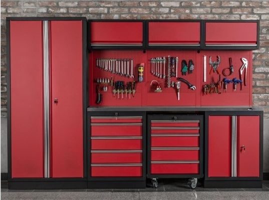Armario profesional de herramientas de acero laminado en frío con cajones múltiples y pegboard suspendido